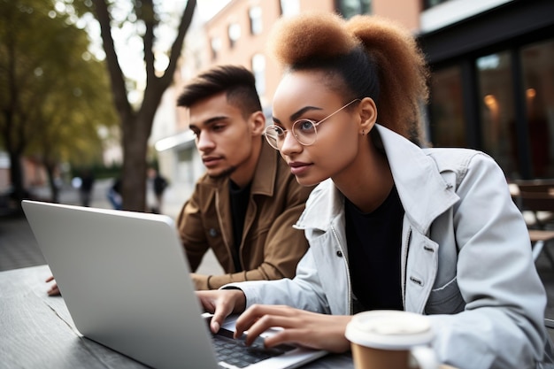 Cropped shot of two young entrepreneurs using a laptop during coffee break at a cafe