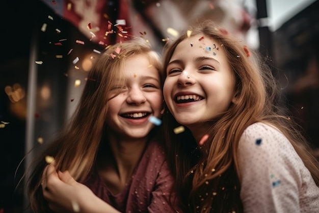 Cropped shot of two young girls celebrating together created with generative ai