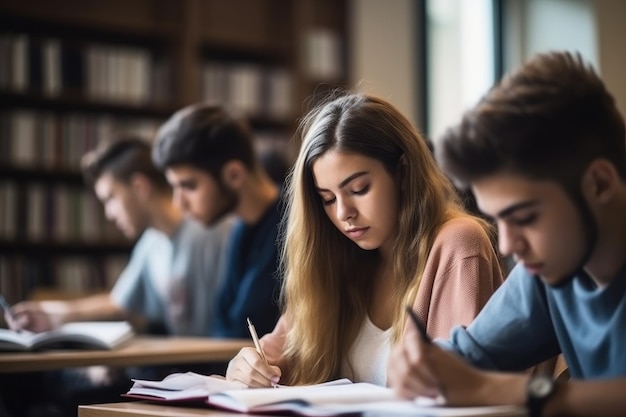 Cropped shot of university students studying in the library created with generative ai