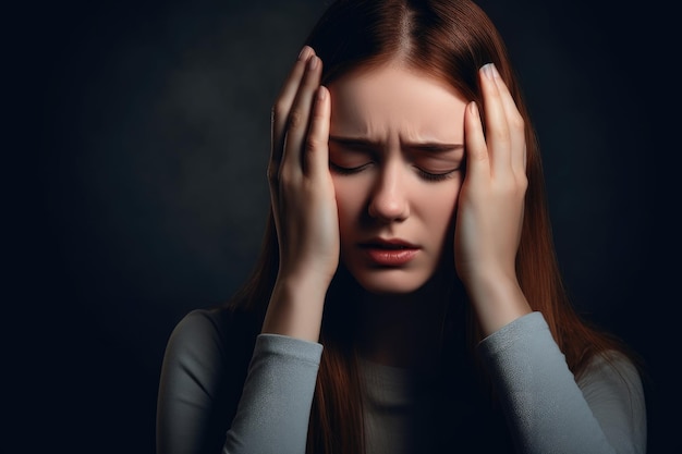 Cropped shot of an unrecognizable young woman holding her head in pain created with generative ai