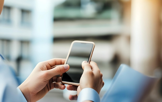 Photo cropped shot view of man hands holding smart phone with black screen for your text message or information content female reading text message on cell telephone during in urban setting