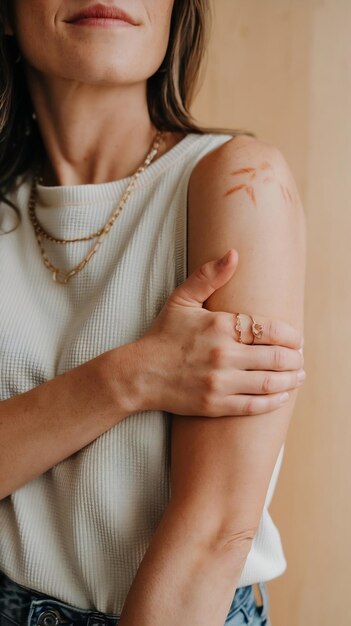 Photo cropped shot of a woman holding her arm in pn