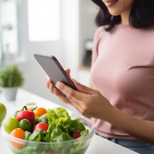 Cropped shot of a woman using a smartphone with a fresh salad in the kitchen