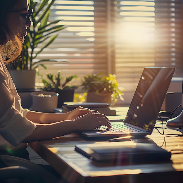 Cropped shot of womans hands typing text message to friend via social network using laptop computer at dawn as sun rises