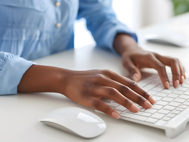 Cropped shot of womans hands typing on white computer keyboard