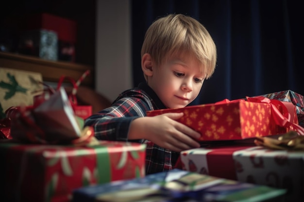 Cropped shot of a young boy opening his presents on christmas day created with generative ai