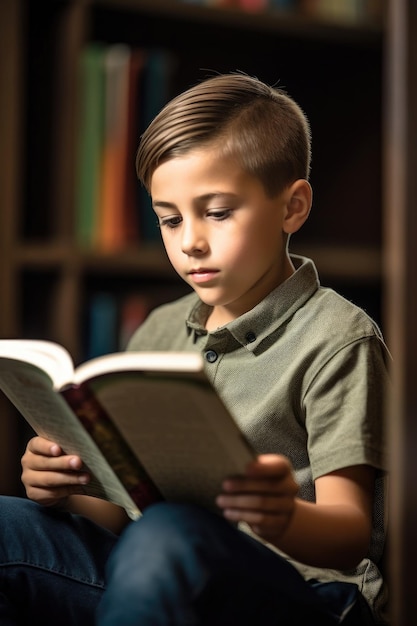 Cropped shot of a young boy reading from a book in the library created with generative ai