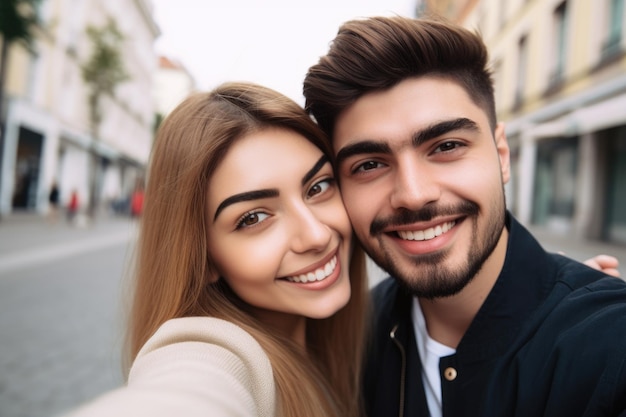 Cropped shot of a young couple taking selfies on their phone created with generative ai