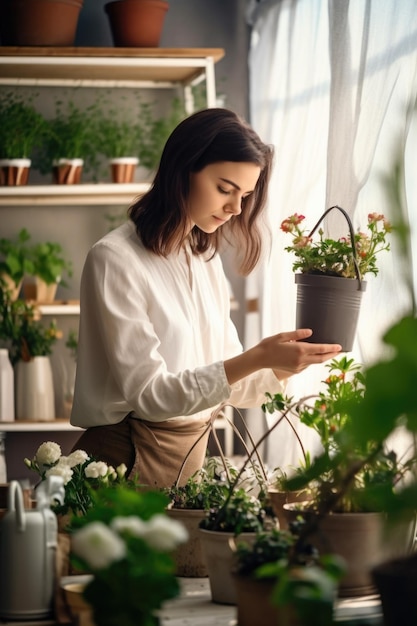 Cropped shot of a young florist watering her plants created with generative ai