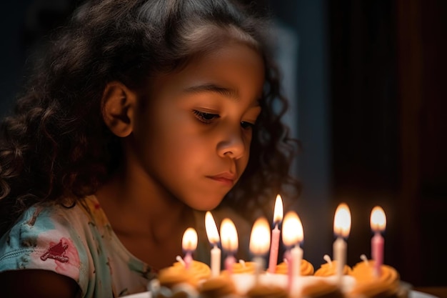 Cropped shot of a young girl blowing out her candles on a birthday cake created with generative ai