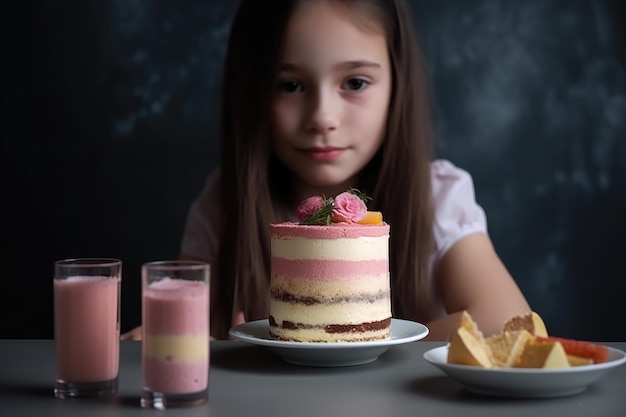 Cropped shot of a young girl with her separated cake and dairy ice cream created with generative ai