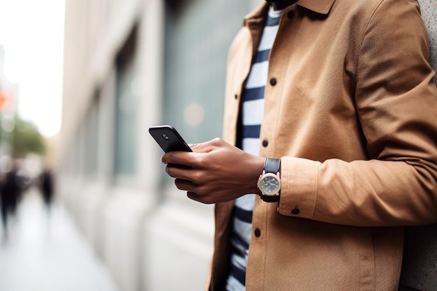 Cropped shot of a young man using his cellphone created with generative ai