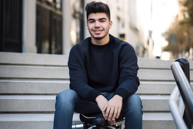 Cropped shot of a young man in a wheelchair sitting on the steps outside created with generative ai