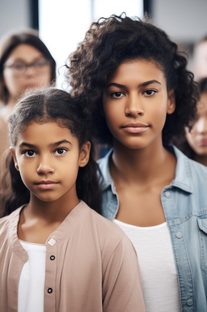 Cropped shot of a young mother and daughter standing among their family created with generative ai