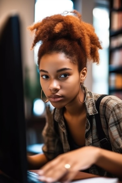 Cropped shot of a young woman browsing the internet at her local library created with generative ai