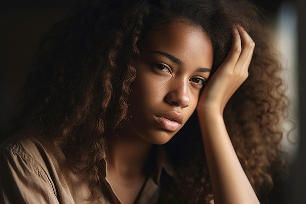 Cropped shot of a young woman holding her hair in front of her face created with generative ai