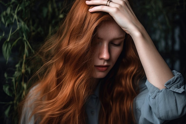 Cropped shot of a young woman holding her hair in front of her face created with generative ai