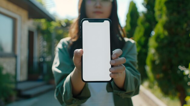 cropped shot of young woman holding smartphone with blank screen in front of house Generative AI