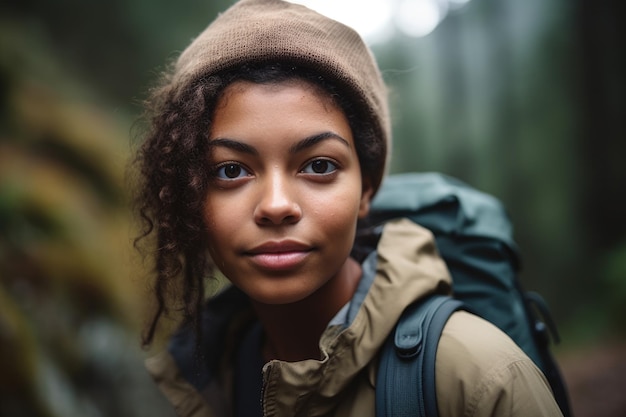 Cropped shot of a young woman out on a hike created with generative ai