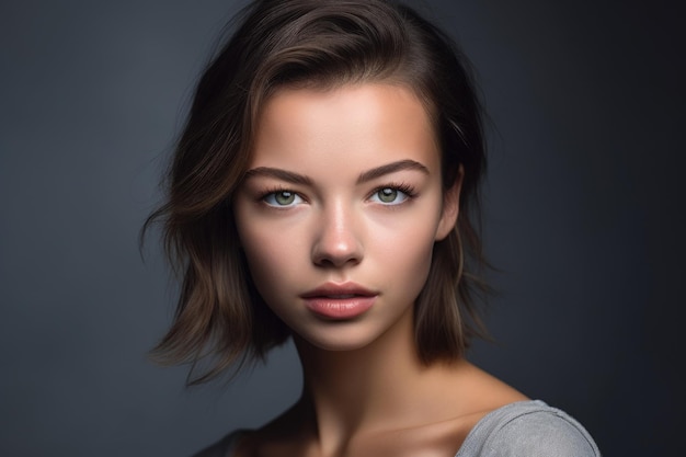 Cropped shot of a young woman posing in her against a grey background created with generative ai