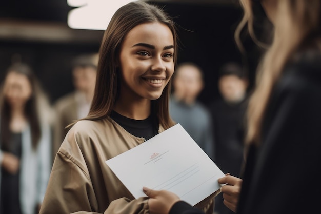 Cropped shot of a young woman receiving her graduation certificate created with generative ai