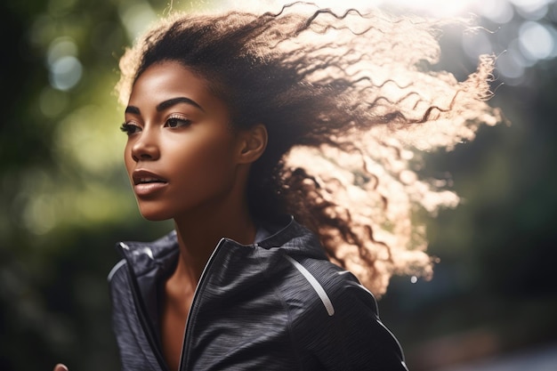 Cropped shot of a young woman running outdoors created with generative ai