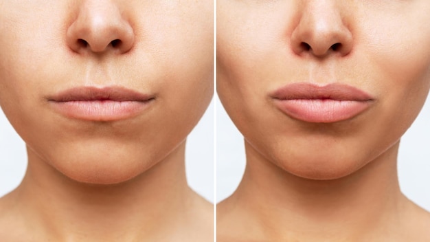 Cropped shot of young woman's lower part of face with lips before and after lip augmentation