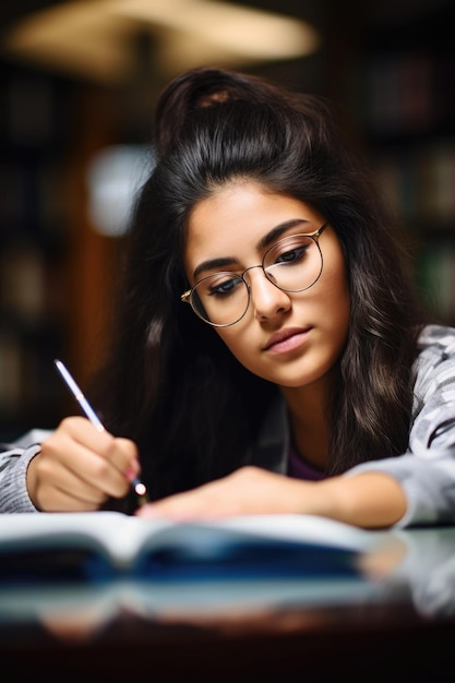 Cropped shot of a young woman studying in the library created with generative ai