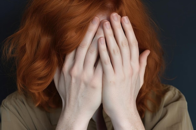 Cropped studio shot of a woman covering her face with created with generative ai