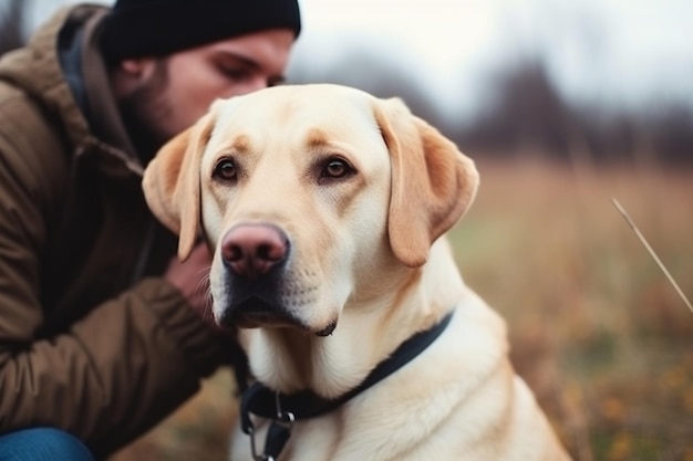 Cropped unrecognizable handsome young man with labrador outdoors Man on a green grass with dog