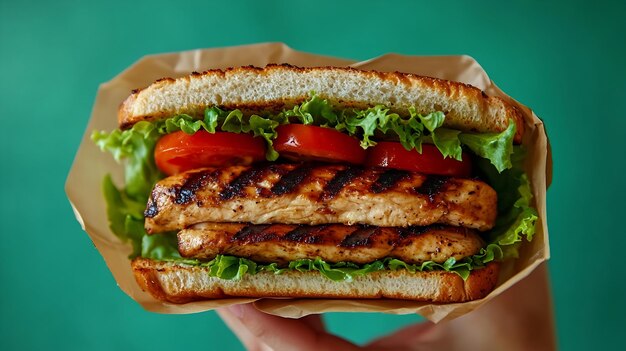 Cropped unrecognizable person hand holding sandwich with grilled chicken fresh lettu Generative AI