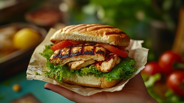 Photo cropped unrecognizable person hand holding sandwich with grilled chicken fresh lettu generative ai