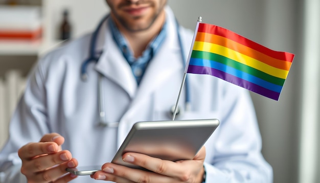 Photo cropped view of blurred psychologist with digital tablet near small lgbt flag banner isolated with