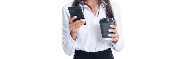 Cropped view of businesswoman messaging on phone isolated on white