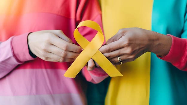 Cropped view of couple holding yellow ribbon on colorful background international ch Generative AI