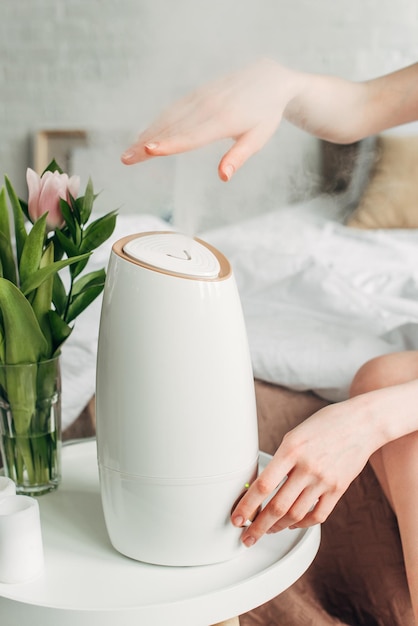 Cropped view of female hands with tulips and air purifier spreading steam