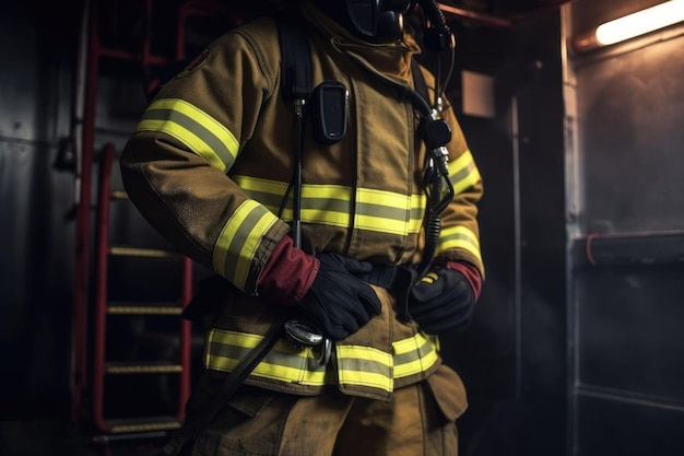 Cropped view of a firefighter standing in the firehouse created with generative ai