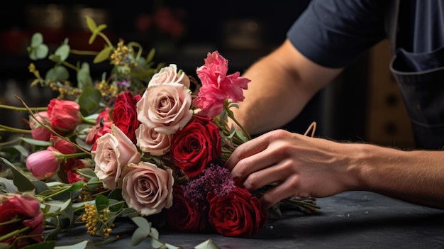 Cropped view of florist hands making flower bouquet on table surface