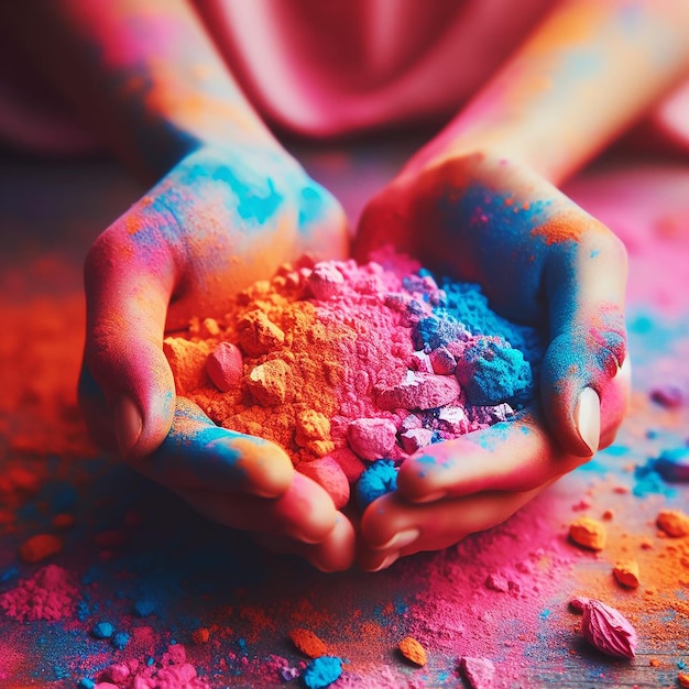 cropped view of hands with holi powder for Hindu spring festival of colours