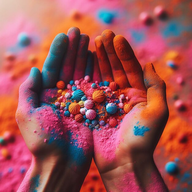 cropped view of hands with holi powder for Hindu spring festival of colours