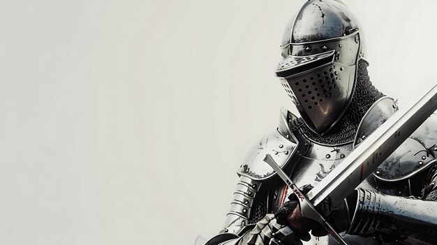 Cropped View of Knight in Armor Holding Sword Isolated on White