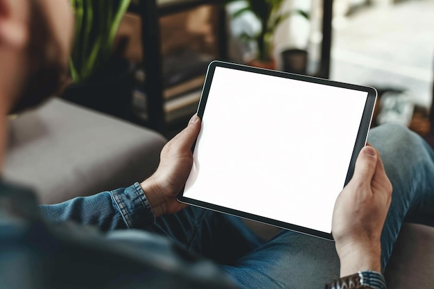 cropped view of man holding digital tablet with blank screen at home