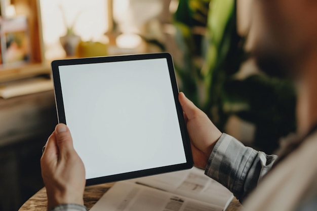 cropped view of man holding digital tablet with blank screen at home