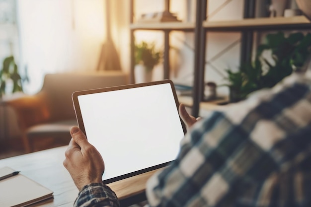 cropped view of man holding digital tablet with blank screen at home