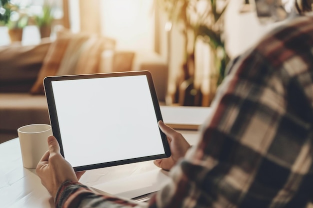 cropped view of man holding digital tablet with blank screen at home