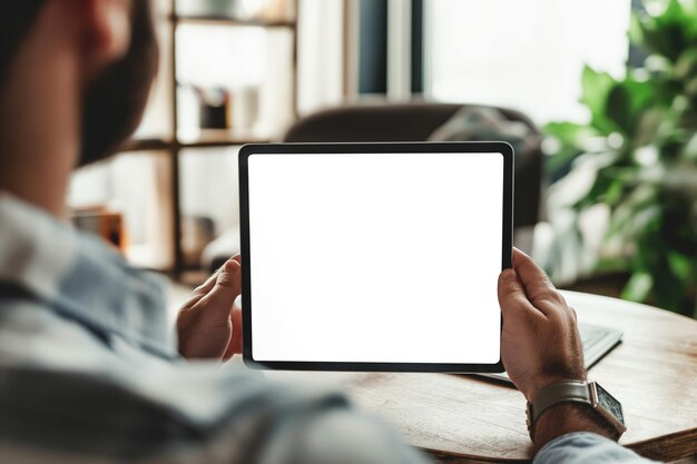 cropped view of man holding digital tablet with blank screen at home