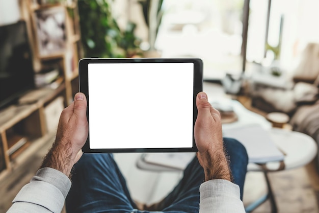 cropped view of man holding digital tablet with blank screen at home