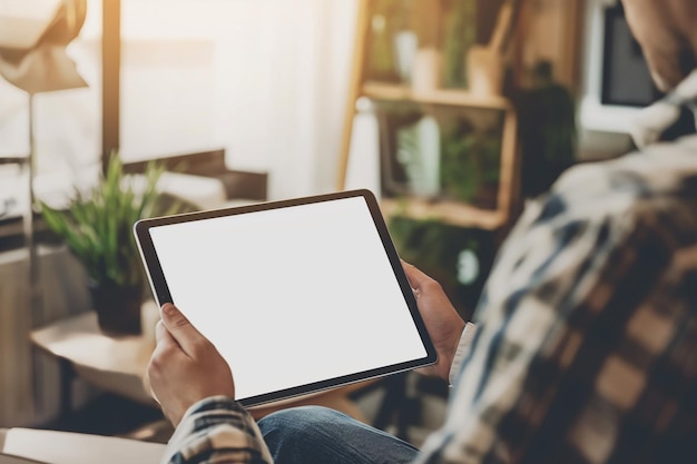 cropped view of man holding digital tablet with blank screen at home