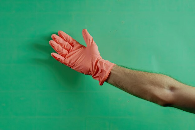 Photo cropped view of man in rubber glove on green background