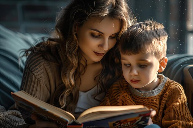 Photo cropped view of mother and son reading book together reading